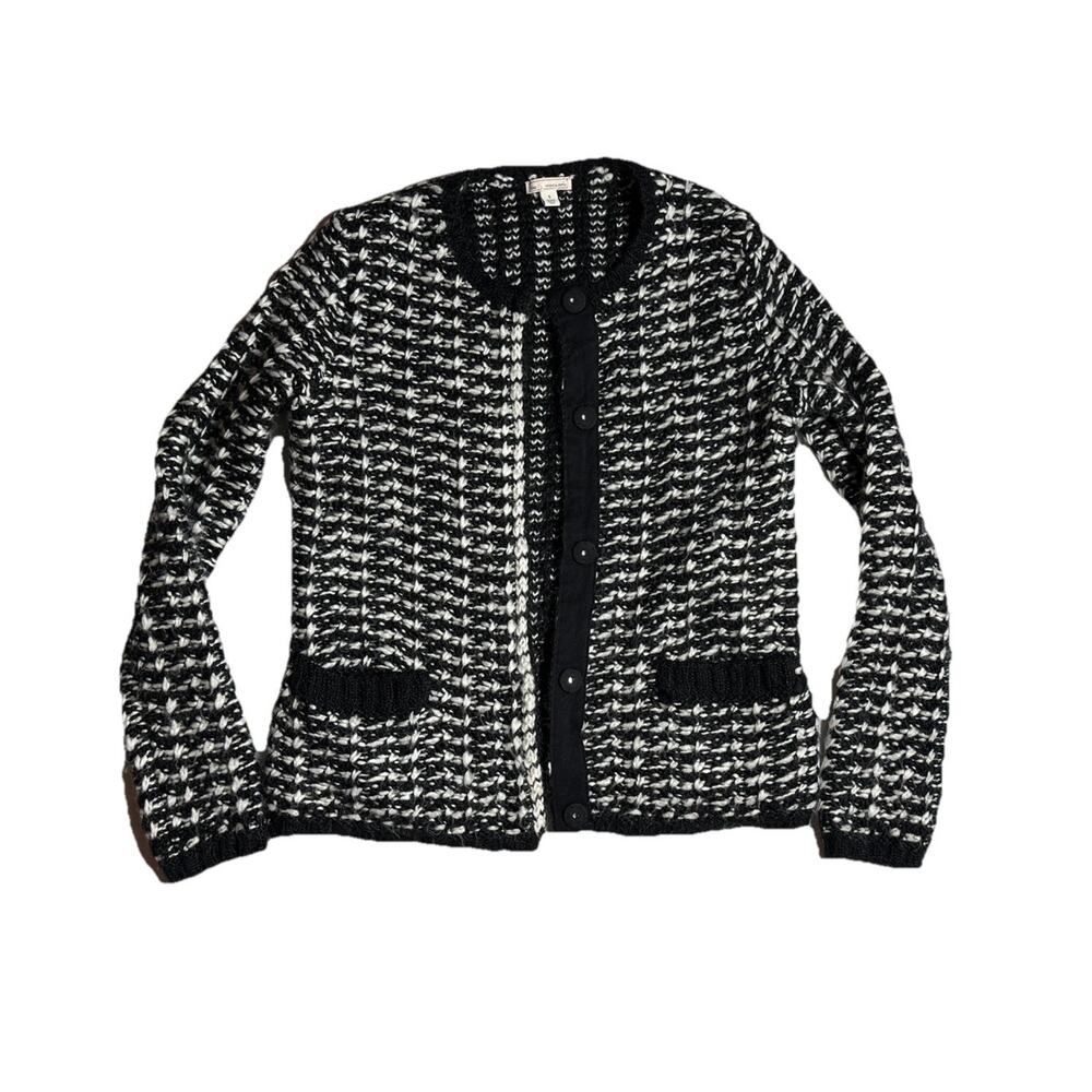 Gap Wool Blend Cardigan Sz Small Black White Chunky Knit Sweater Print Jumper